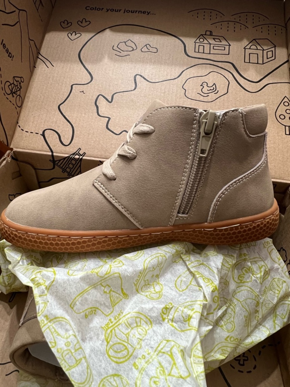 New in box Livie & Luca taupe Nubuck leather boots, boys size 13.